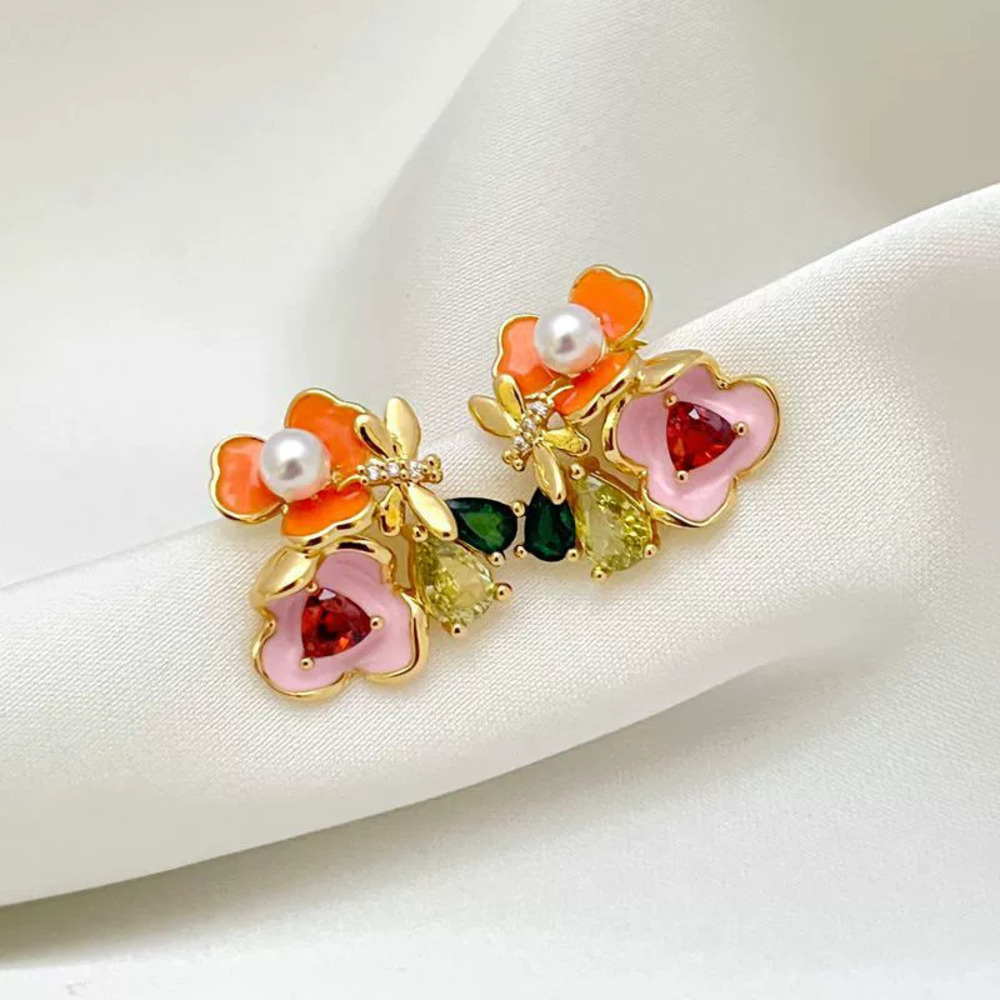 Kendra Scott Colorful Zircon Enamel Flower Dragonfly Pearl Earrings